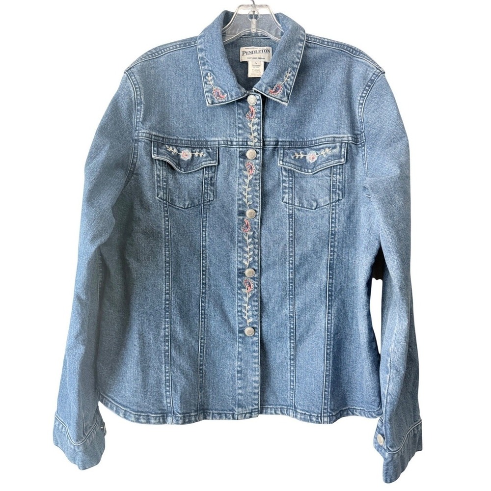 Pendleton‎ Womens Denim Jacket Embroidered Flowers Blue Jean Size L